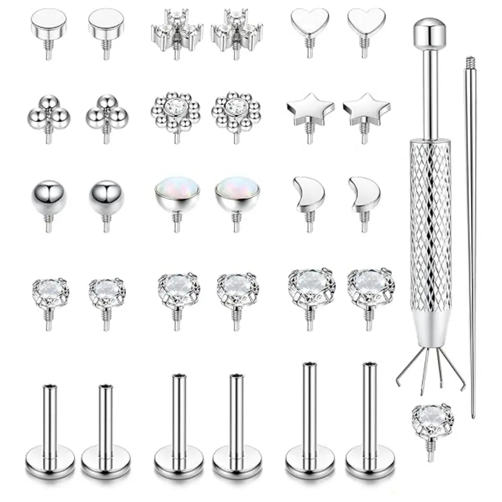 1Set Flat Back Stud Earrings for Women - Thread Stud Piercing Jewelry for Tragus Helix Cartilage Conch Nose 6MM 8MM 10MM Lip Labret Medusa Piercing