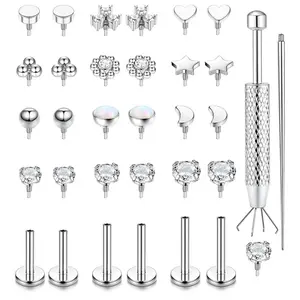 1Set Flat Back Stud Earrings for Women - Thread Stud Piercing Jewelry for Tragus Helix Cartilage Conch Nose 6MM 8MM 10MM Lip Labret Medusa Piercing