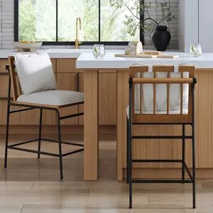 Metal Bar Stool with Cushion and Solid Wood Frame (Set of 2)