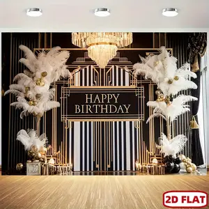 2D Flat Black White Striped Backdrop, Golden Accents Art Deco Chandelier Feather Wreath Design, Aesthetic Wall Decor for Party Photography, Photo Booth, Party Banner
