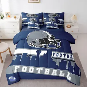 Football City 7 Pcs Comforter Bed Set,Football Bedding Boys Girls Blue Rugby Game Sheet Set,Bed Bag,Football Fans Bedroom Decor Sports Ball Quilt