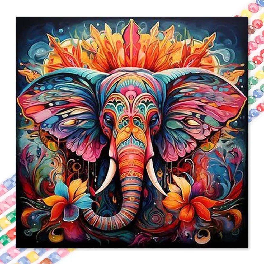 1 DIY diamond painting kit, 5D diamond art set, DIY decoration, colorful elephant, floral decoration, artistic style. Diamond painting kit full round diamonds, mosaic, diamond art, DIY art home decoration, suitable for Christmas, Handcraft