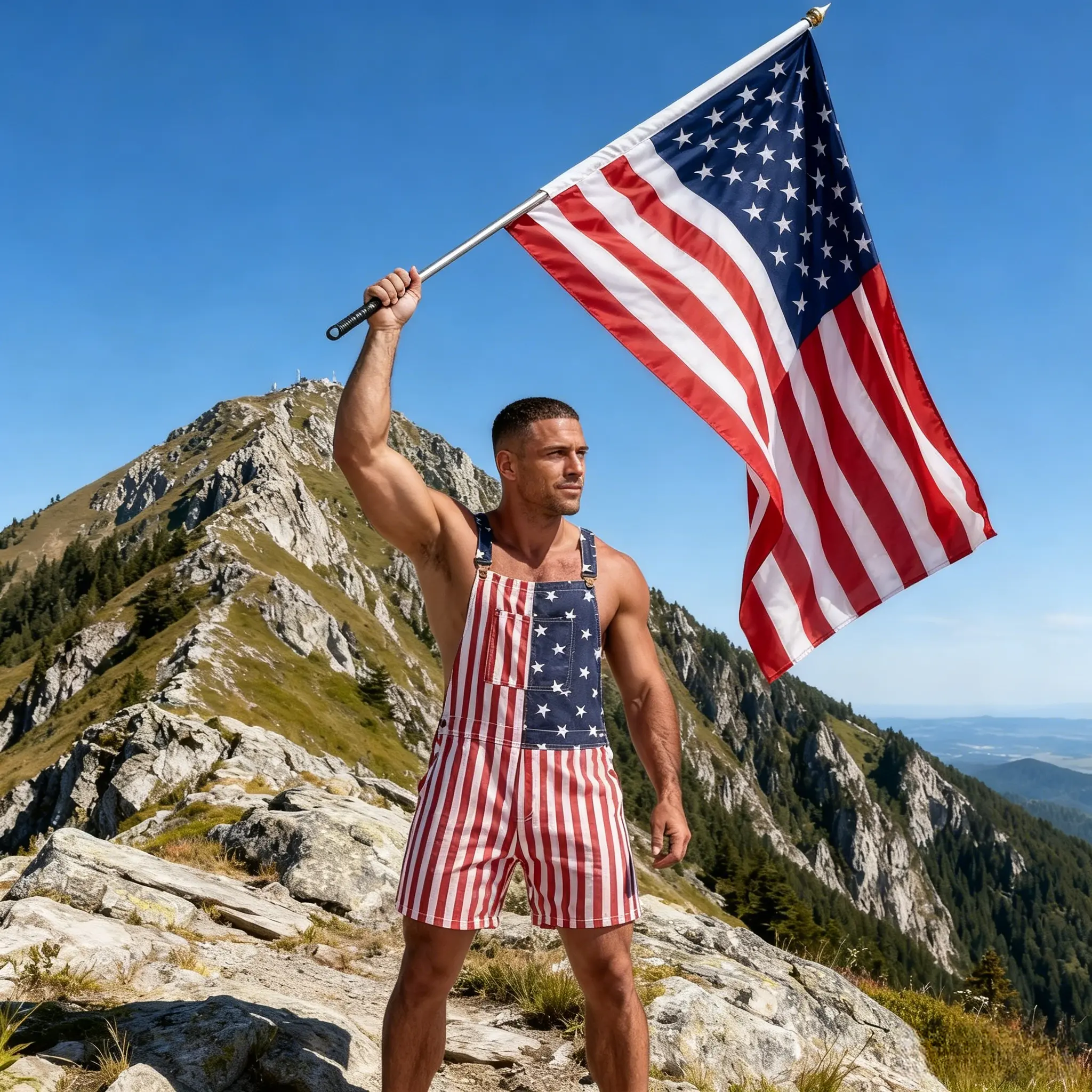 Unisex American Flag Menswear Overalls - Soft Stretchy Fabric, Adjustable Boat Straps, Breathable Outdoor Summer Bib Pants for Independence Day, Casual Vacation Wear