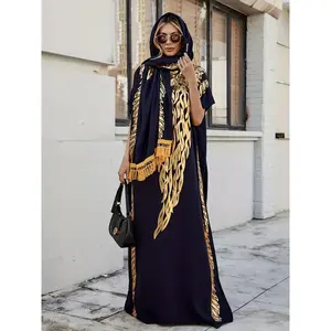 Women's Ethnic Pattern Long Sleeve Cape Dress, Boho Casual Shawl Collar Long Dress for Beach Vacation Holiday, Ladies Clothes for All Seasons, Boho Caftan