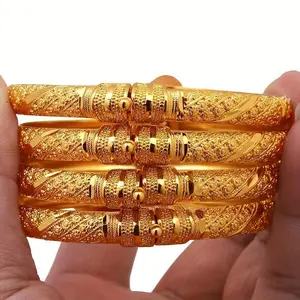 Middle East Luxury 4pcs Set of Golden Trendy Bracelets Dubai Ethiopia Bride Ladies Open Jewelry