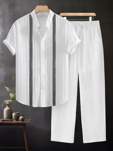 Men's Summer 2-Piece Set, Textured Striped Stand Collar Button Short Sleeve Shirt + Drawstring Sport Pants, Casual Fashion, Beach Vacation & Daily Wear