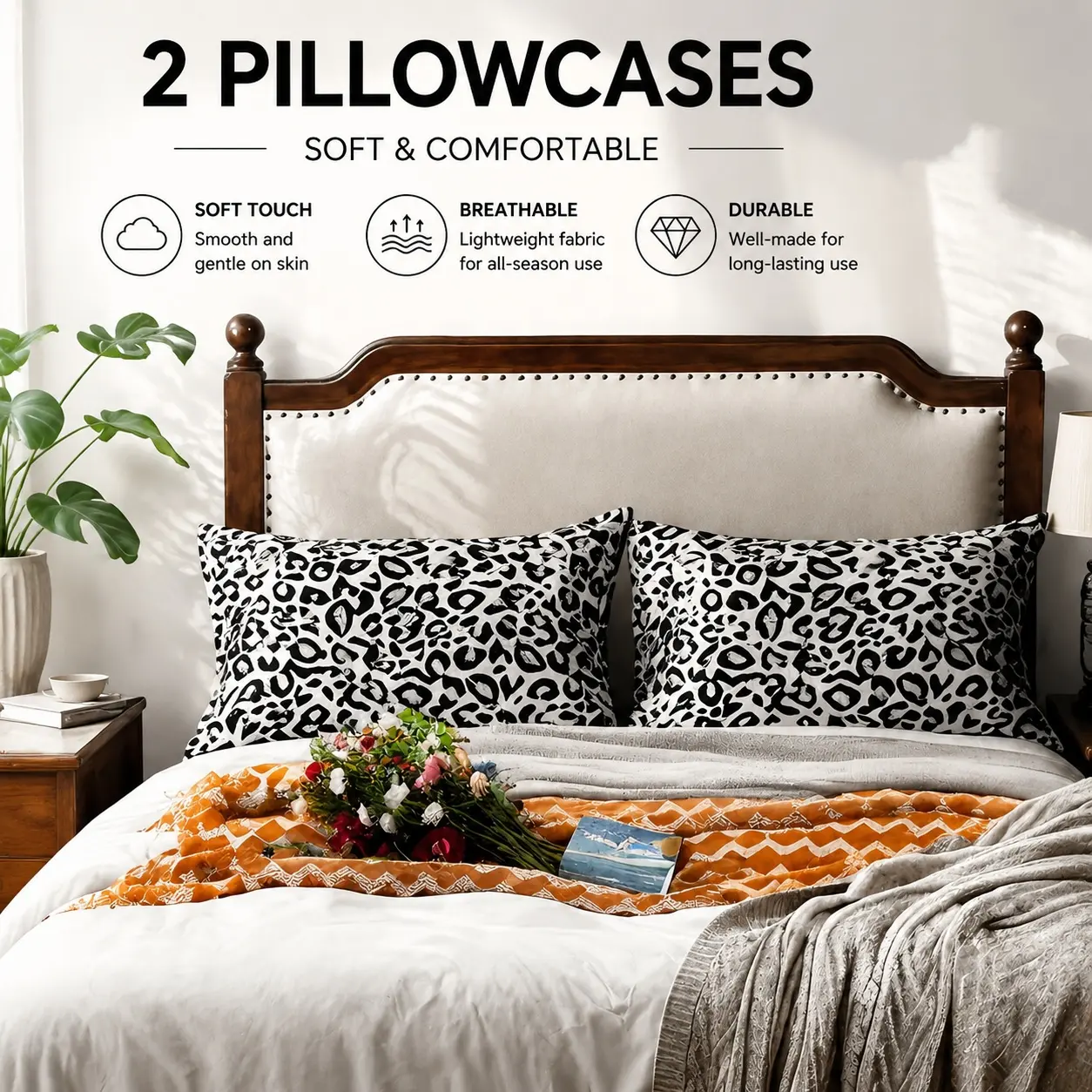 2-Piece Contrast-Color Luxury Satin Standard Pillowcases, Stylish Leopard Print Flat Weave, Soft Silky Home Bedding Pillow Covers for Bedroom Room Aesthetic Decor