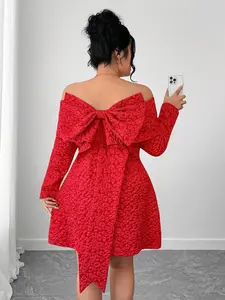 Elenzga Plus Size Women’s Christmas Red Jacquard Dress – Off-Shoulder, Backless, Bow Detail, Long Sleeve Short Party Dress, Holiday Outfit