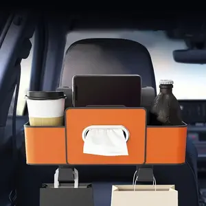 Leather Car Backseat Storage Box - Multifunctional Car Tissue Box with Cup Holder & Hook Storage Bag for Vehicle Organization
