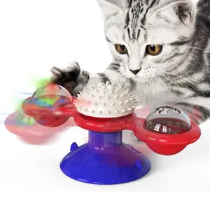 Interactive Windmill Cat Toys with LED Light Ball Suction Cup Catnip Toy for Indoor Cat Exercise Cat Entertainment Set: Interactive Rotating Disk, Feather Teasers, Tumbler, Windmill Toy - Keeps Cats Active & Engaged