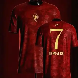 #7 Portugal Home 3D Shirt– Red National Team Shirt with Gold Number, GOAT Back Print, Portuguese Cultural Pattern, Breathable Quick Dry Football Apparel for Fans & Collectors 90WOC