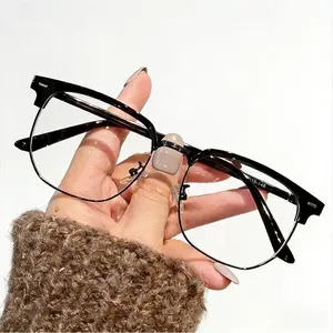 Popular Browline Square Eyeglasses, Semi-Rimless Metal-Plastic Hybrid Frames, Fashion Lightweight Optical Eyewear for Daily Casual Wear & Vision Correction