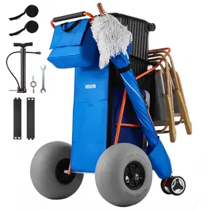 VEVOR Beach Cart with Large Wheels for Sand, 165 lbs Load Capacity, Heavy Duty Folding Beach Wagon with 12" Balloon Wheels, Insulated Cooler Bag, Umbrella Holder, Holds 4 Chairs for Camping & Fishing