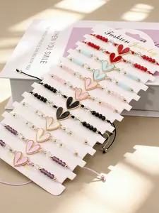 12pcs Women's Heart Crystal Beaded Bracelet Set, Adjustable Multicolor Punk Style Jewelry, Elegant Summer Accessory for Daily Wear & Gifts, Stackable Bracelets