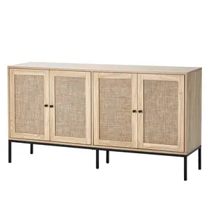 【fathersdaygift】VEVOR Rattan Cabinet Rattan Storage Cabinet with 4 Magnetic Doors and Adjustable ShelvesSideboard Buffet Cabinet for HallwayEntrywayLiving Roomor KitchenNatural