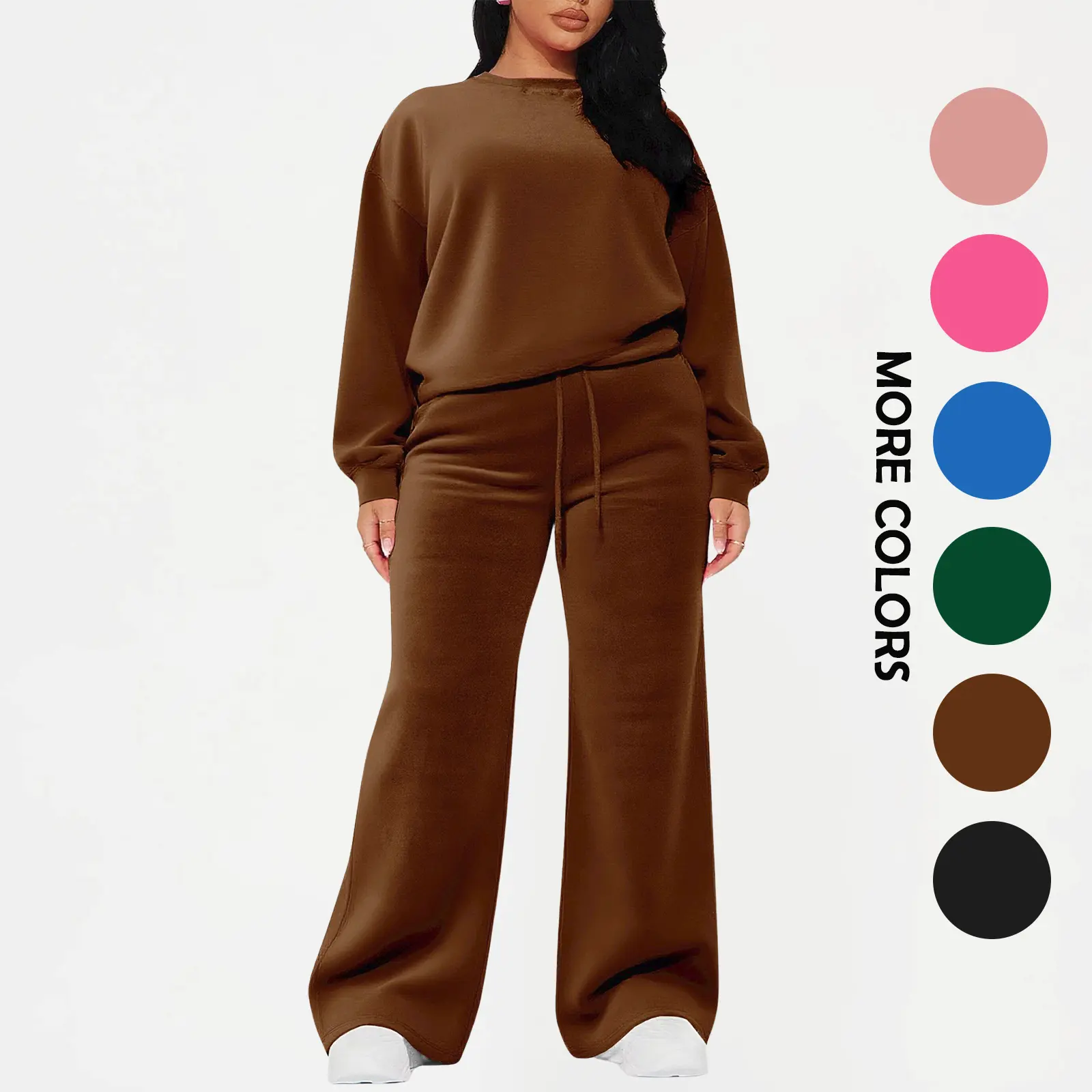 Women’s Fall–Winter crew-neck 2-piece outfit, thin Korean velour sweatshirt & drawstring wide-leg pants with side pockets, casual tracksuit for home, street & going out