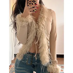Spring Faux Fur Fuzzy Long Sleeve Top Mesh Lace Open Front Y2K Tee Shirts