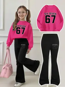 Girls' Sweet Cool Letter Number Sweatshirt and Bell Bottoms Set, Casual Fashion Set, Casual Fitted, All Seasons, Comfortable and Breathable, Casual Outfit Set