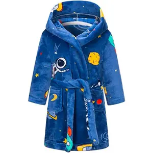 F-NG12  Boys Girls Bathrobes,Toddler Boy Girl Robes,Children's Plush Soft Coral Fleece Hooded Pajamas Sleepwear for Kids