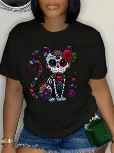 Unisex Dia of Los Muertos Cinco of Mayo Cat Sugar Skull Men Women Fitted Graphic T-Shirt