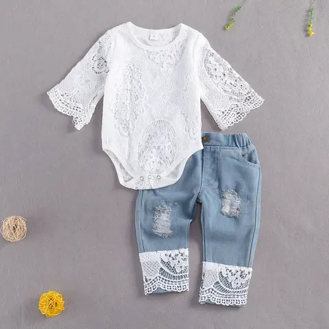 Baby Girls' 0-2 Years 2-Piece Clothing Set - Hollow-Out Lace Long Sleeve Snap Button Romper, Ripped Patchwork Cotton Blend Jeans, Newborn Outfits Set, Baby Items Special Gift