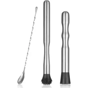 8'' & 12" Stainless Steel Cocktail Muddler & Long Handle Mixing Spoon Set - Professional Bar Tools for Mojitos, Fruit Drinks & Craft Cocktails | Heavy-Duty Stirring & Muddler Kit