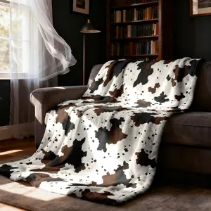 1 piece of cow pattern imitation animal hair style blanket, Soft Comfy Blanket, with black, white and brown color spots to present classic cow texture print. Suitable for all seasons, suitable for sofas and beds. Perfect gift for camping and travel