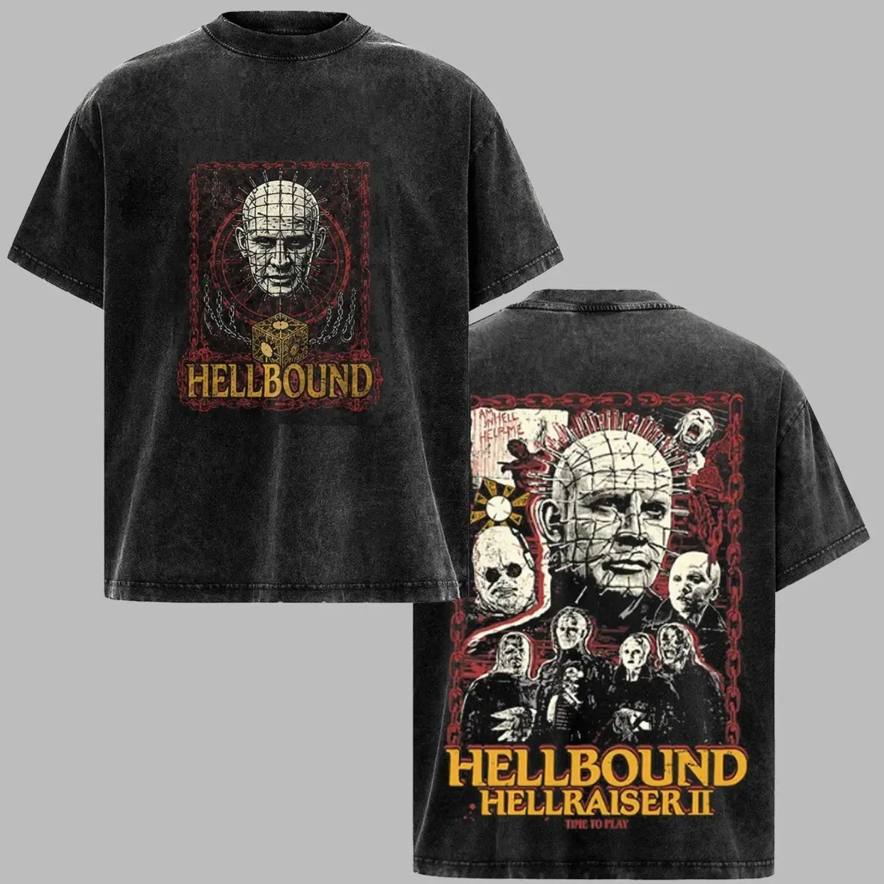 Hellbound Hellraiser II Vintage Horror Graphic T-Shirt Hoodie, Pinhead Puzzle Box Washed Black Tee, Retro Scary Movie Shirt, Cult Horror Poster Art, Halloween Streetwear, Unisex Horror Fan Gift OMW