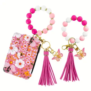 Keychain Wristlet Wallets for Women 60 Silicone Beads Key Ring Bracelets Cute Beaded Credit Card Holder Key Ring Bracelet Wallet