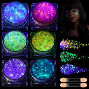 6 Colors Glow in The Dark Glitter Gel, Face Glitter Gel, Body Glitter Hair Glitter for Halloween Makeup UV Black Light Party Cheer Raves Festivals