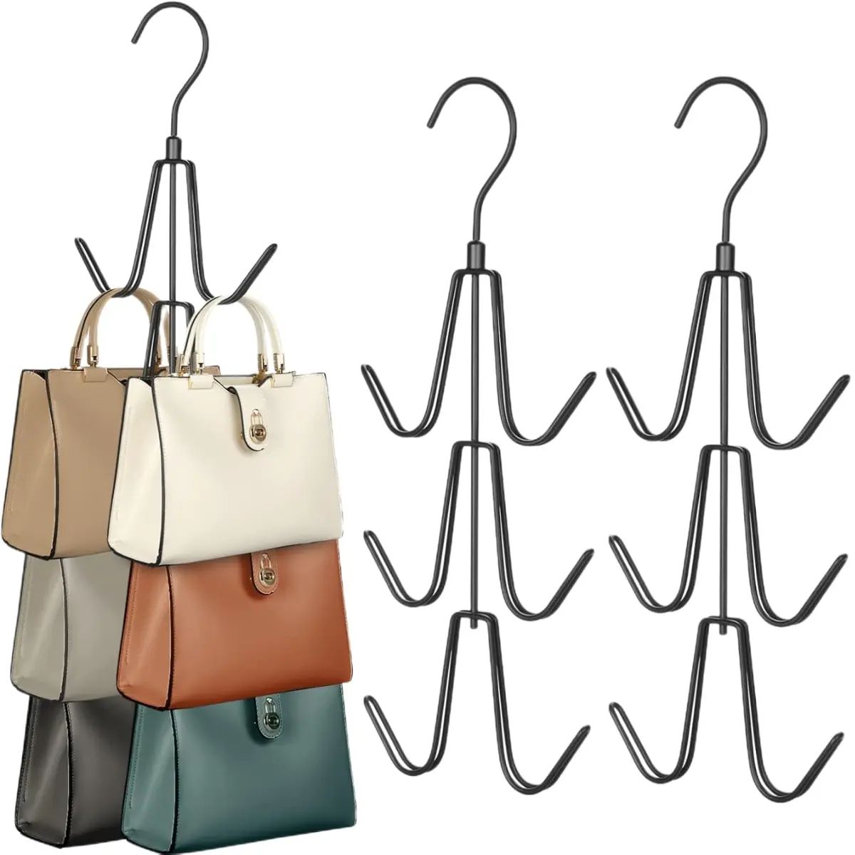 Purse Hanger Organizer for Closet, Handbag Hanging Organizer for Closet, Rotatable Purse Rack Bag Hangers for Bags,Hats,Belt,Tie,Scarfs Hook Paint