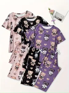 3-Piece Bear Heart Print Short Sleeve Pajama Set, Fitted Casual Sleepwear, All-Seasons Home, Comfortable Long Pants