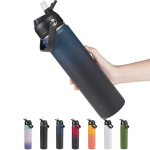 Triple Wall Insulated Stainless Steel Water Bottle with Straw & Handle, 18/24/32oz Leak Proof Flask for Sports & Travel