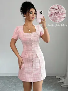 Women's Elegant Gingham Tweed Dress, 2026 New Cotton-Linen Look, Square Neck Pearl Button, Short Sleeve, Chic Office Party Wear, Summer Fashion