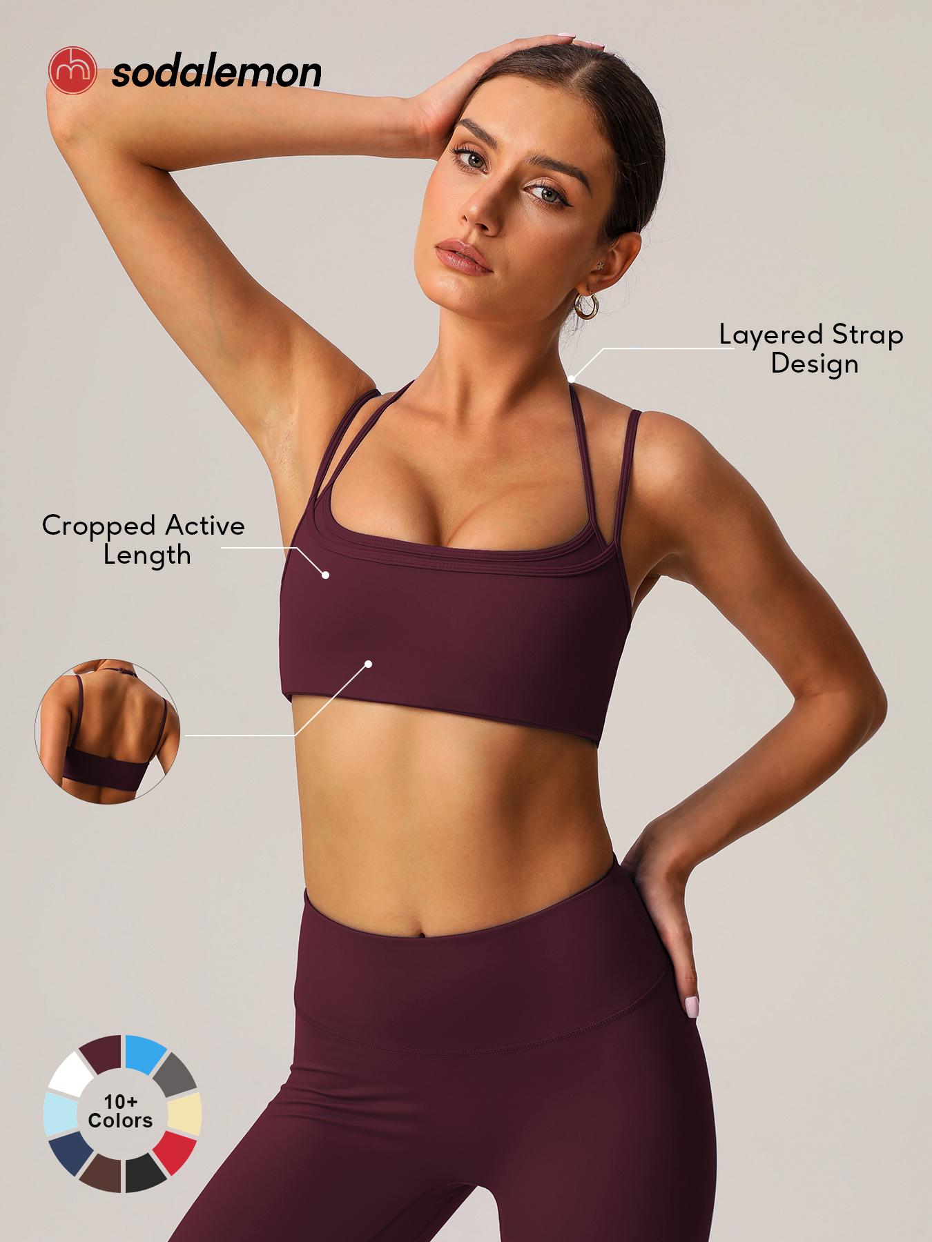 Sodalemon Women double layered-strap scoop-neck yoga sports bra, cropped open-back workout top, outdoor Pilates fitness sports bra