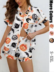 【Halloween】Women's Halloween Pajama Set, Pumpkin Ghost Bat Print, Casual Fitted Sleepwear, Soft Shirt Collar Top & Elastic Shorts, All Seasons