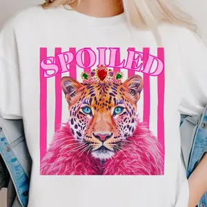 Spoiled Leopard Shirt, Preppy Pink Leopard Design, Neon Leopard With Crown Tee, Trendy Animal Floral Cheetah Sassy Leopard T Shirt Graphic
