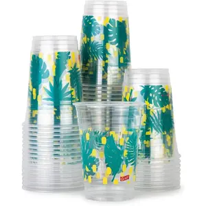 50 Count 18 Ounce Everyday Clear Plastic Cups with Palm Leaves Print Strong and Sturdy Drinking Cup