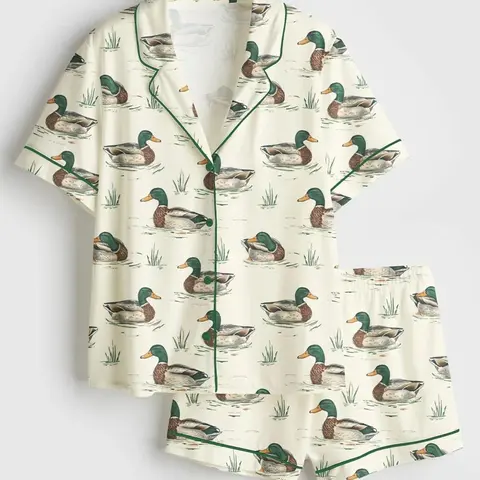 Watercolor Mallard Duck Print, Women's 2-Piece Lightweight Polyester Fabric Pajama Set, Button-Front Short-Sleeve Top, Drawstring Shorts & Long Sleepwear Loungewear