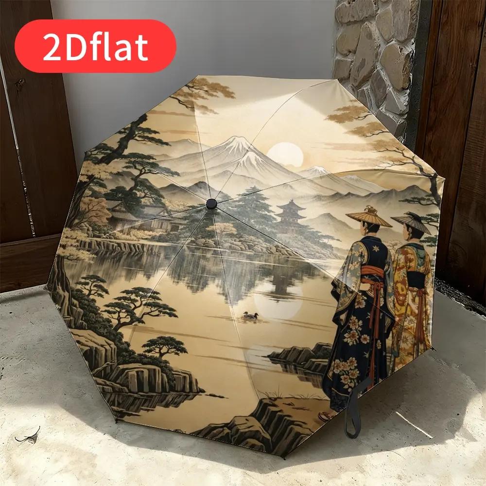 Automatic folding umbrella featuring a traditional Japanese landscape pattern with Mount Fuji, trees, and figures in kimonos. Compact and portable design, perfect as a casual outdoor accessory and ideal as a Christmas,