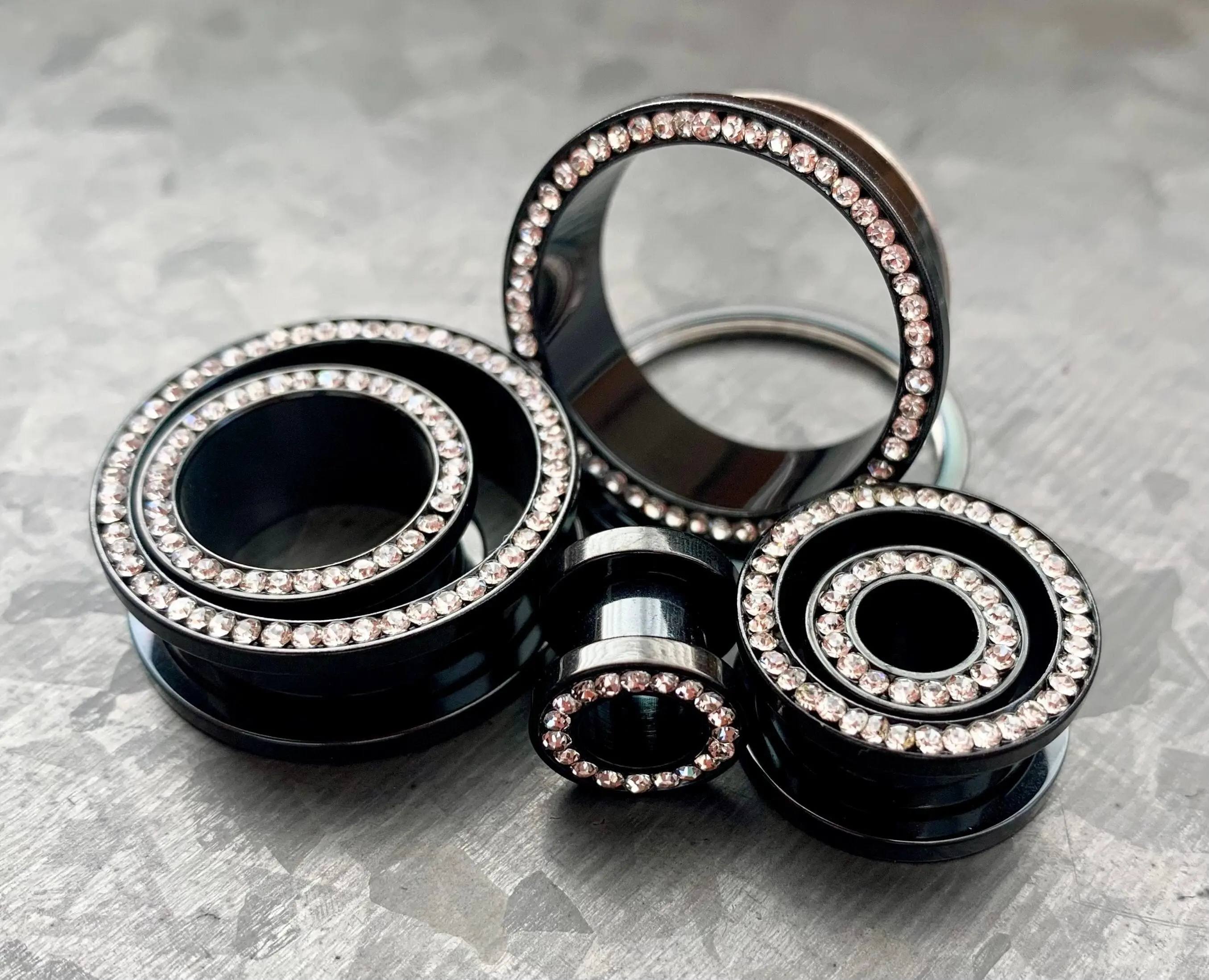 PAIR of Stunning CZ Gem Rimmed Screw Fit Black PVD Steel Tunnels - Gauges 10g (3mm) thru 1" (25mm)