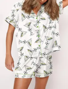 Martini Coquette Pajama Set Satin For Women Print Comfy Sleepwear Satin & Loungewear Pjs Printing Silky Short Pjs & Long Sleeves Pjs