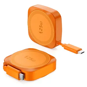 25w Magnetic Wireless Charger Pad with 0.7m Retractable Cable, Portable, Compatible with iPhone 15/16/17 Series, Qi Standard Smartphone Charging