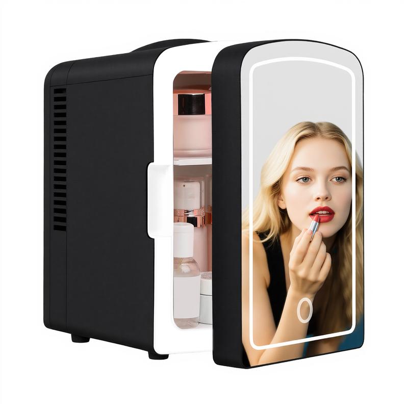 iceBLUE Mini Fridge for Bedroom 4L/6 Cans Skincare Fridge with Dimmable LED Light Mirror Portable Mini Fridge for Dorm Office and Car Cooler and Warmer for Refrigerating Makeup Skin Care and Food Black Green Beauty Refrigerator chilled  skincare organ iza