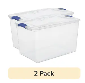 Large Storage Bin 2 Pack 66 Quart Clear Plastic Container with Latch Lid Blue Organizer Box