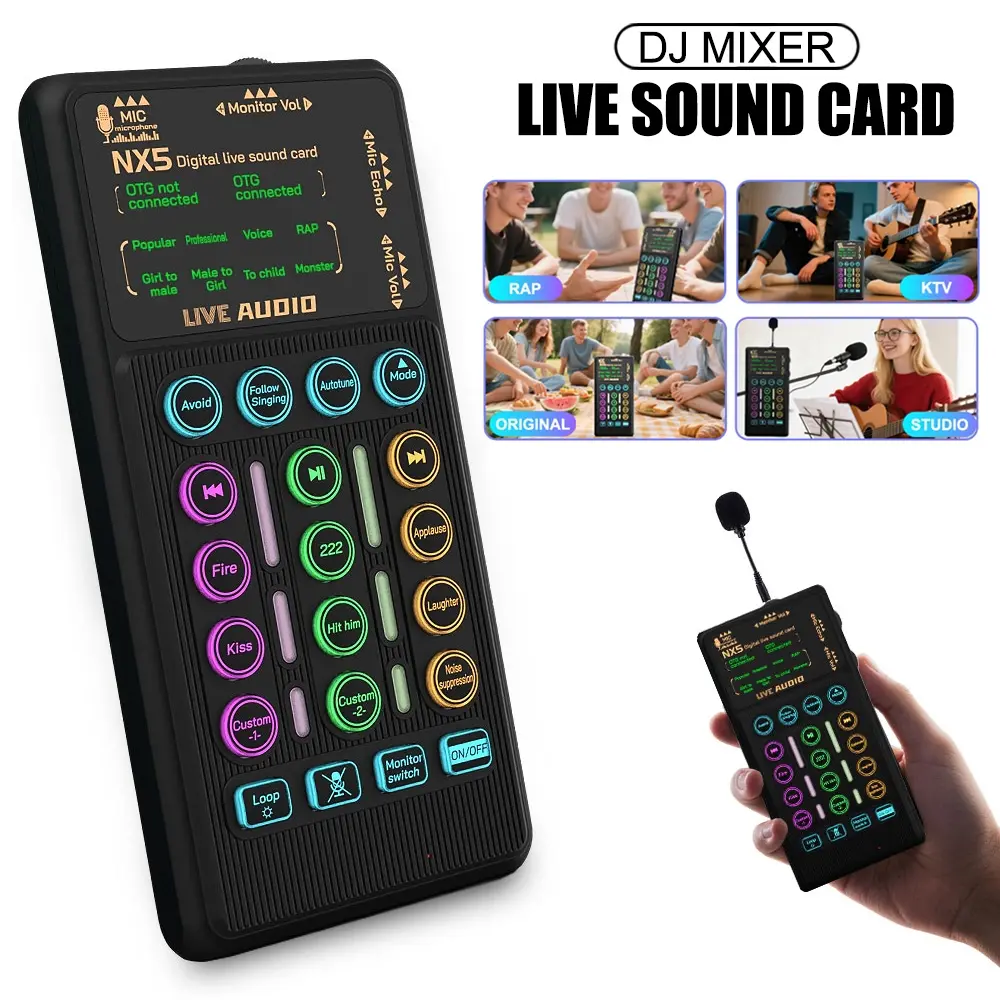 Portable Audio Mixer, USB Audio Mixer, DJ Mixer, Studio Mixer, Voice Changer Device, Microphone Set, Live Streaming Sound Card, Noise Reduction, Compatible with Smartphones, Pcs, Tablets