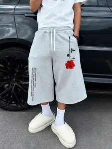 Men's Fashion Street Style Sweatpants, Loose-Fit Six-Quarter Length, Comfortable Breathable Fabric, Premium Solid Color for Daily Wear, Floral Print Sweatpants