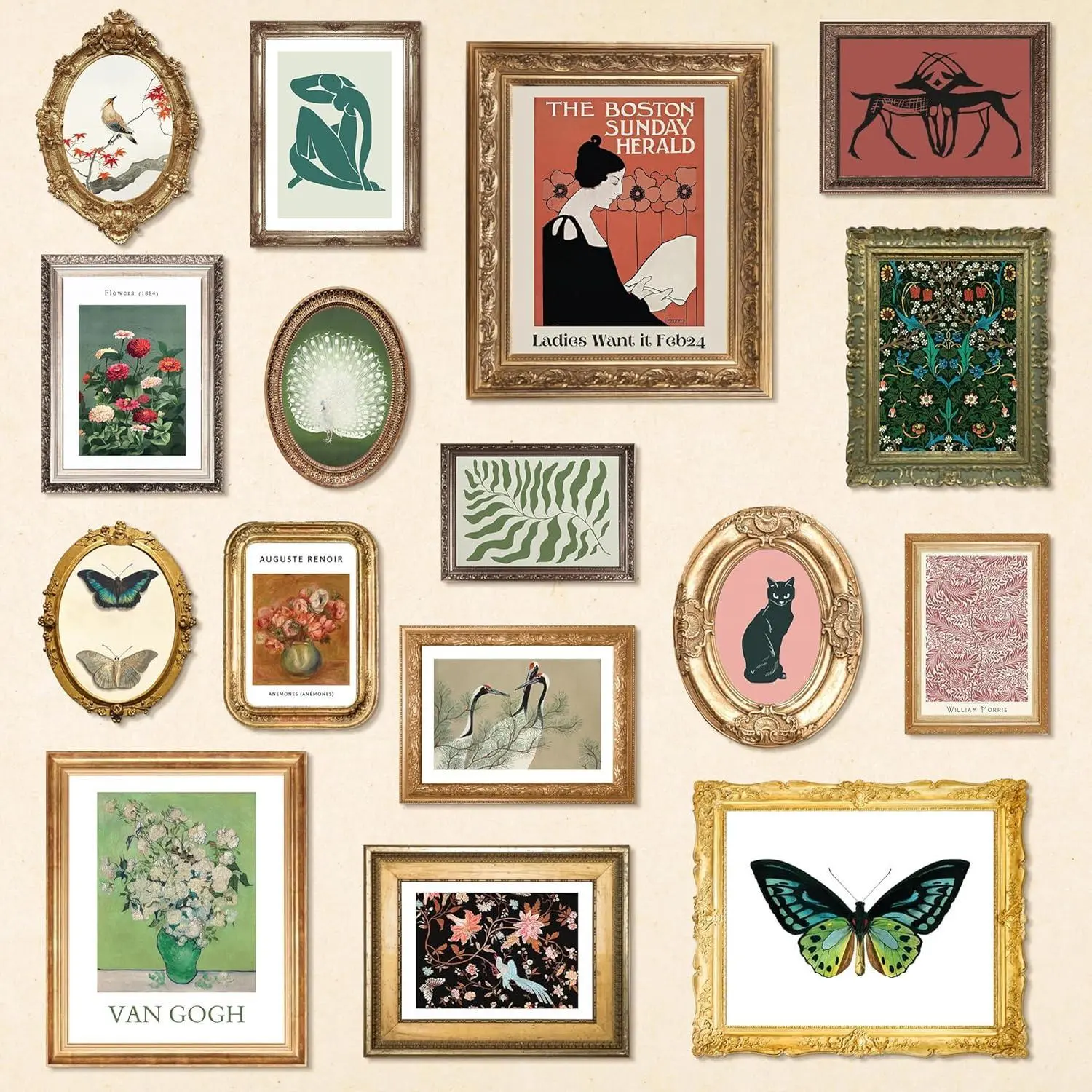 Vintage Eclectic Home Decor - 16 Pcs Boho Gallery Wall Art Prints Set, Cute Dorm Posters For Room Aesthetic Pictures, Earthy Boho Wall Decor For Girl Bedroom Apartment Decoration (Unframed)