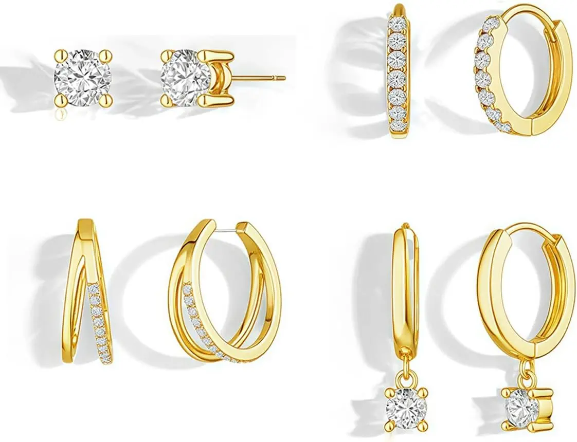 4 Pairs 14K  Plated Hoop Earrings for Women - Small Huggie Hoop & Dangle Stack Design, Dainty  Non Tarnish , Trendy CZ Stud & Ear Cuff for Multiple  & Cartilage