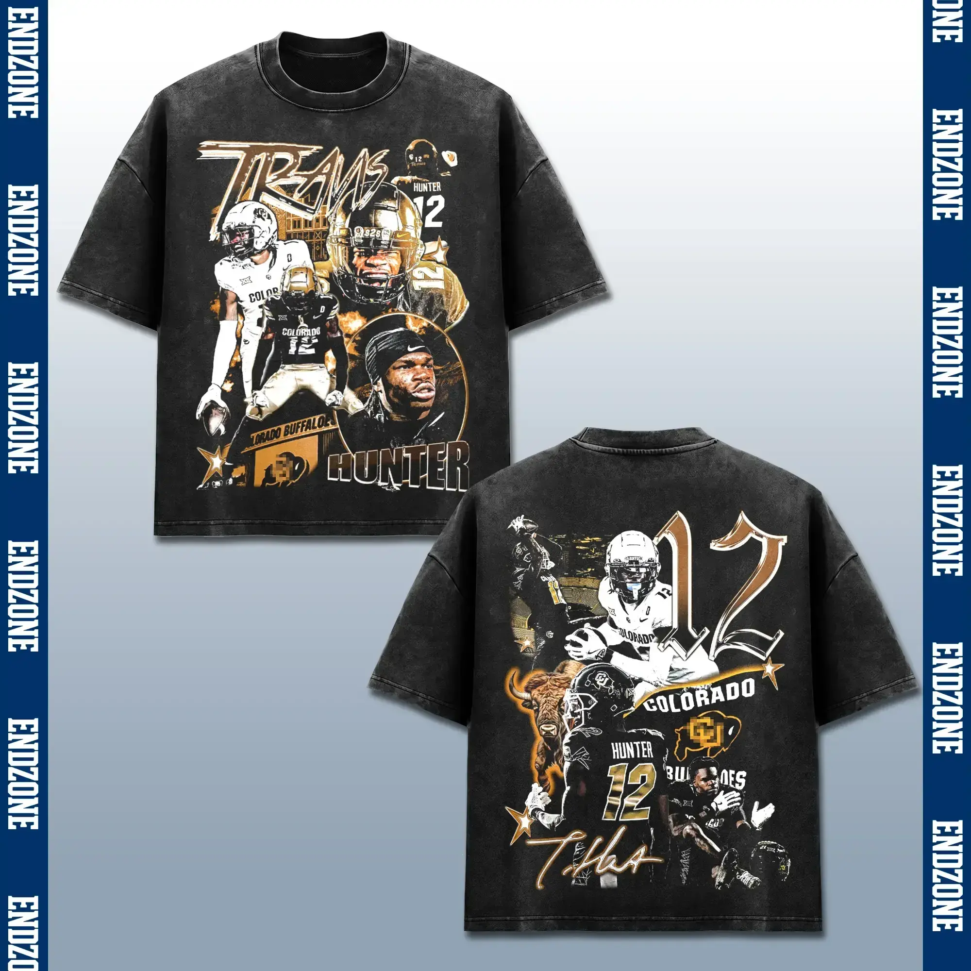 [FREE SHIP] Travis Hunter T-Shirt, TH Colorado Buffalo Team Tee, Number 12 Buffalo Merch, Football Big 12 Top, Two Way Star Graphic, Golden Helmet Athlete Apparel, Vintage Bootleg Rap Style, Retro Acid Washed Black, US Unisex Casual Oversized Outfits